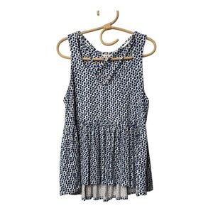 THML Blue White Knit Sleeveless Patterned Criss Cross Neckline Peplum Top Small